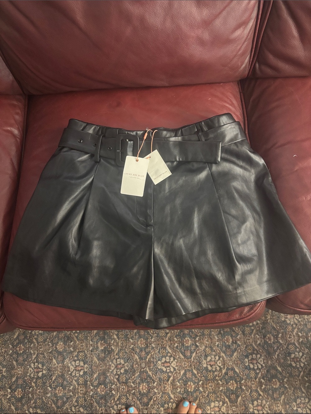 Skies Are Blue Black High-Waist Faux Leather Belted Shorts